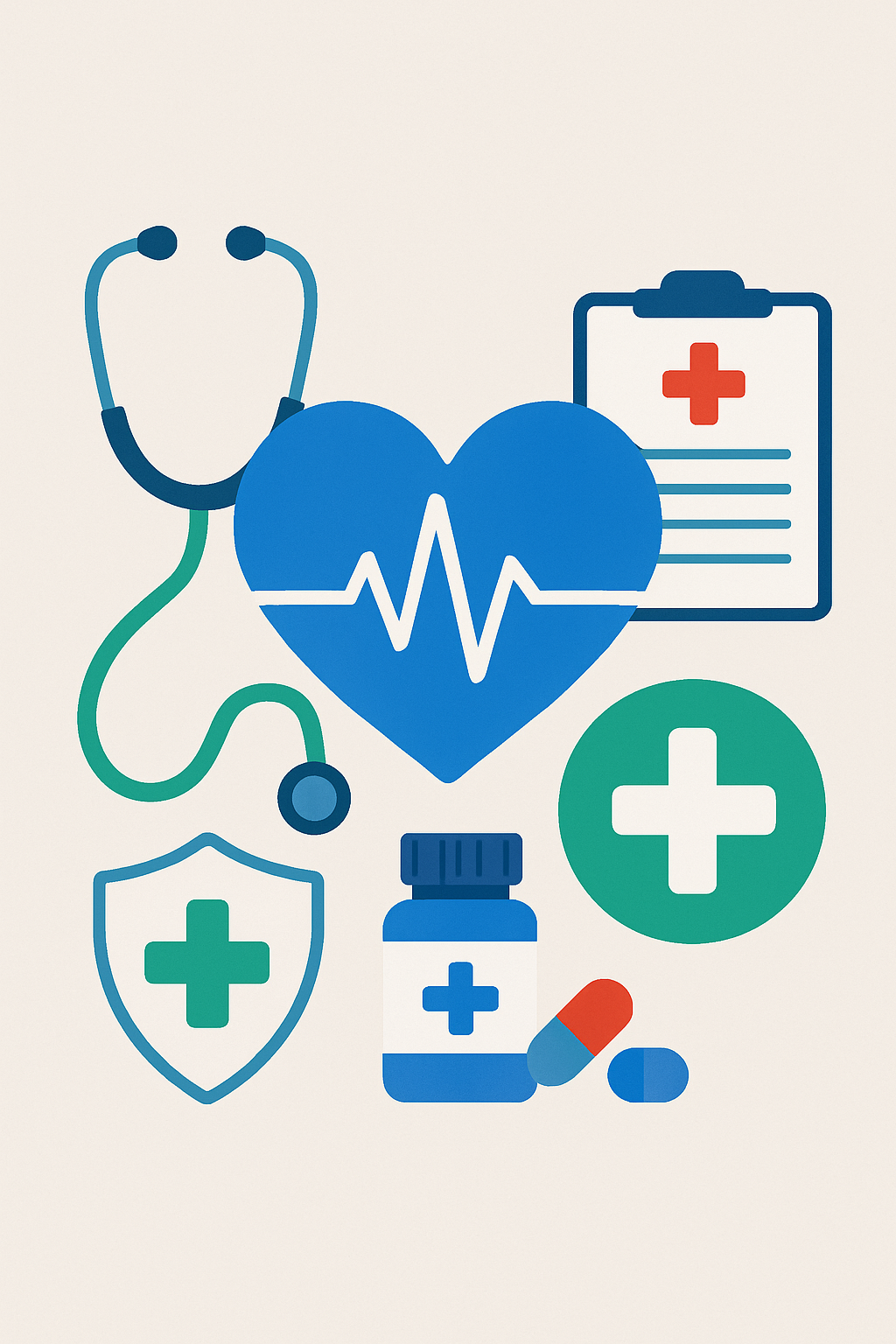 Health poster showing a blue heart with heartbeat line, stethoscope, medical cross symbols, pills, and a clipboard representing healthcare and wellness.